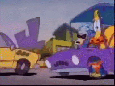 a cartoon of a giraffe driving a purple car with the word jeep on the front