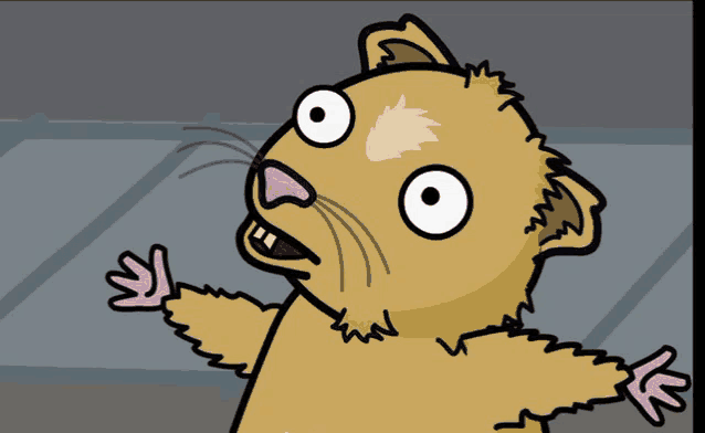 a cartoon hamster with its arms outstretched and a surprised look on its face