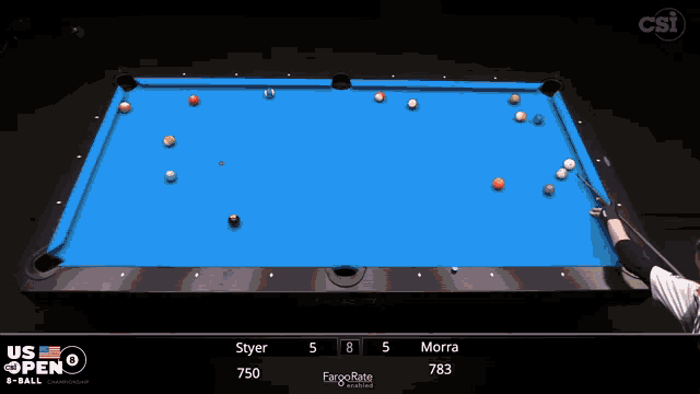 a pool table with a blue cloth and a person playing pool