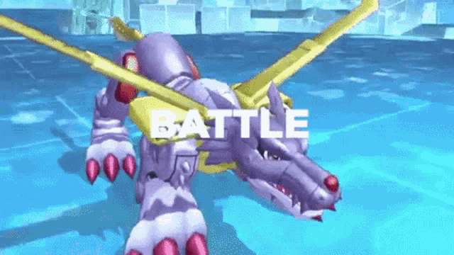 a video game screen shows a purple dragon with the words battle above it
