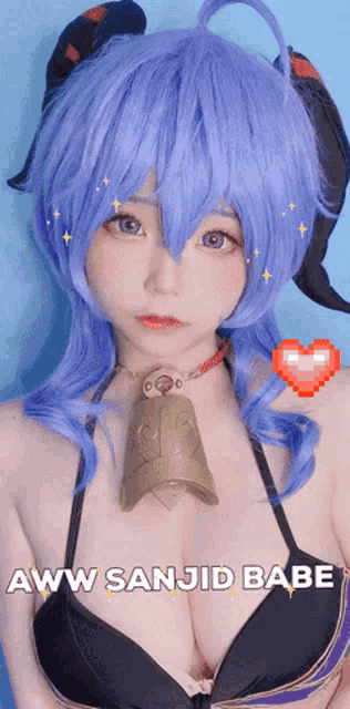 a woman with blue hair is wearing a black bikini and a bell around her neck