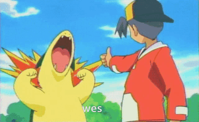 a boy giving a thumbs up next to a pokemon with the word wes on the bottom