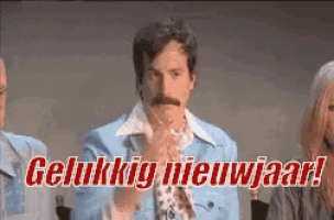 a man with a mustache is applauding with the words gelukkig nieuwjaar in red