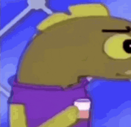 a cartoon character is holding a cup of liquid in his hand .