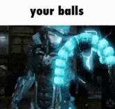 a man in a robot suit is holding a glowing object in his hand .