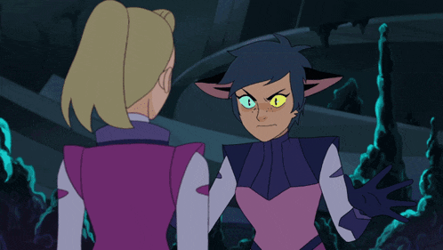 two cartoon characters are standing next to each other and one has a cat face