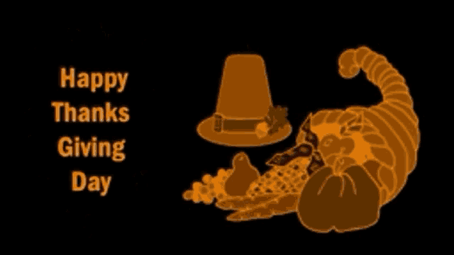 a picture of a pilgrim hat and cornucopia with the words happy thanksgiving day