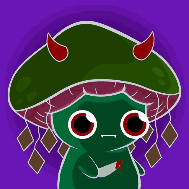 a cartoon drawing of a mushroom with red horns
