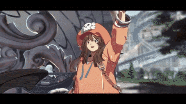 a pixel art drawing of a girl with a skull on her hat