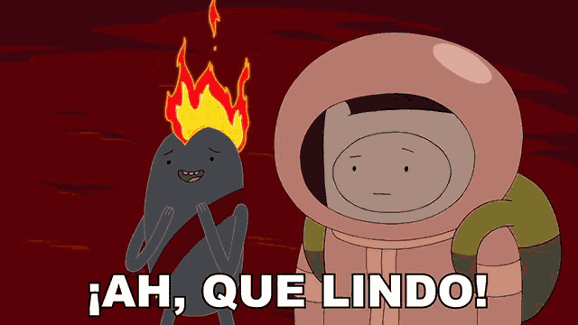 a cartoon character says " ah que lindo " in front of a fire