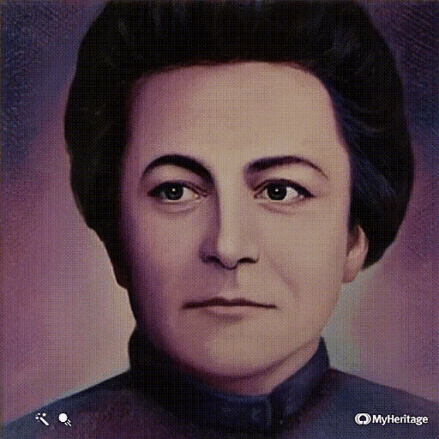 a close up of a woman 's face with a myheritage logo on the bottom right
