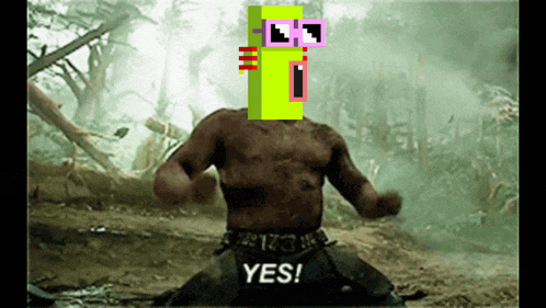 a man kneeling down with a pixelated face and the words yes on the bottom right