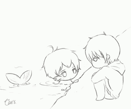 a black and white drawing of a boy holding a mermaid