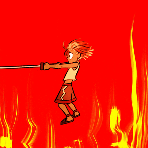 a cartoon character is standing in front of flames