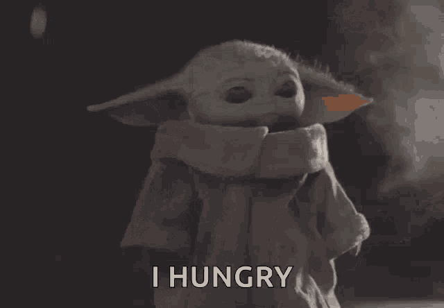 a baby yoda says " i hungry " while wearing a coat