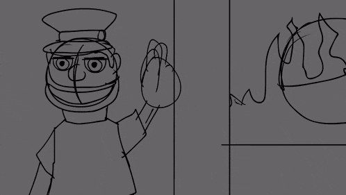 a black and white drawing of a cartoon character with a smiley face
