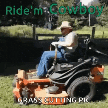 a man in a cowboy hat is riding a lawn mower on a lush green field .