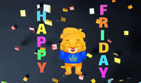 a lion wearing a blue shirt that says happy friday is surrounded by confetti