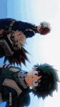 bakugo and todoroki from my hero academia are standing next to each other looking up at the sky .