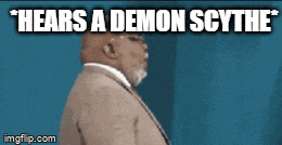 a man in a suit says " hears a demon scythe " on a blue background