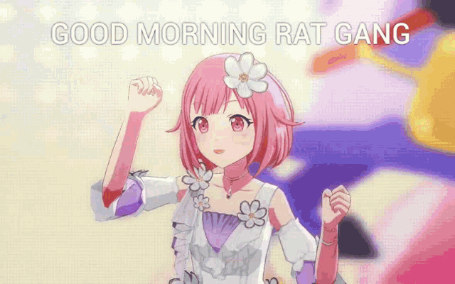 a girl with pink hair and a flower in her hair is dancing with the words good morning rat gang behind her
