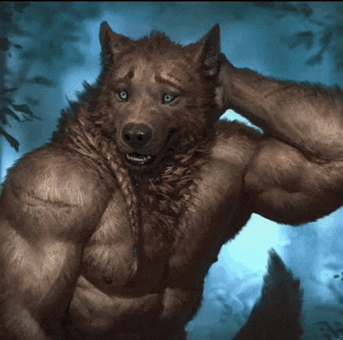 a painting of a werewolf with a braid holding his hand to his head