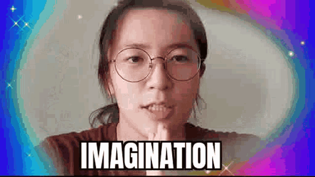 a woman wearing glasses is making a funny face and the words imagination are above her .