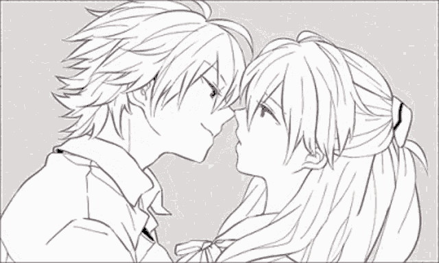 a black and white drawing of a boy and a girl looking at each other
