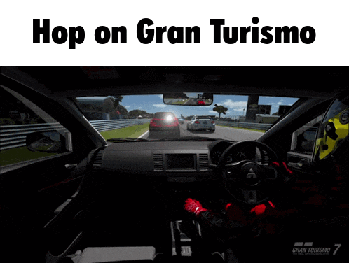 a screenshot of a video game with the words hop on gran turismo