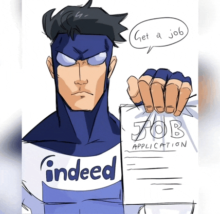 a cartoon of a superhero holding a job application that says indeed on it