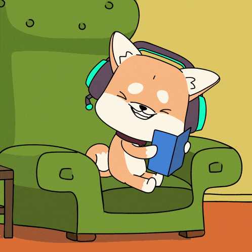 a cartoon dog wearing headphones is sitting in a green chair reading a book