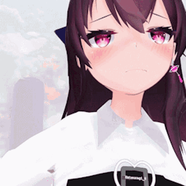 a girl with purple hair and pink eyes is wearing a heart shaped belt