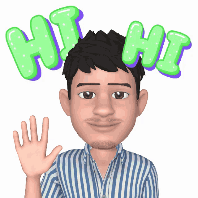 a man in a striped shirt is waving with the words hi hi above him