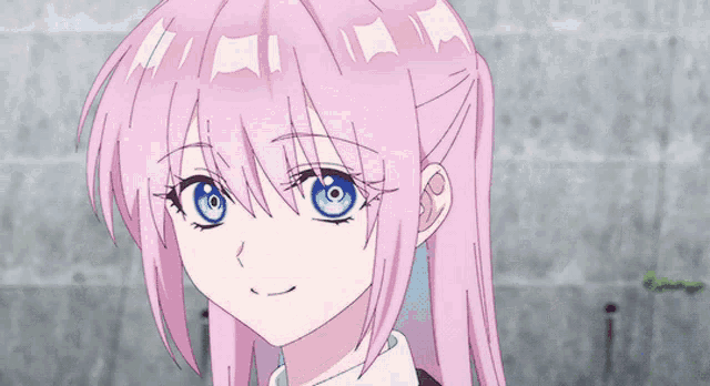 a girl with pink hair has blue eyes
