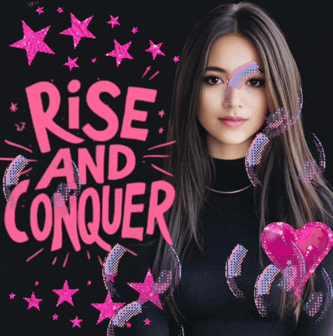 a girl stands in front of a poster that reads rise and conquer