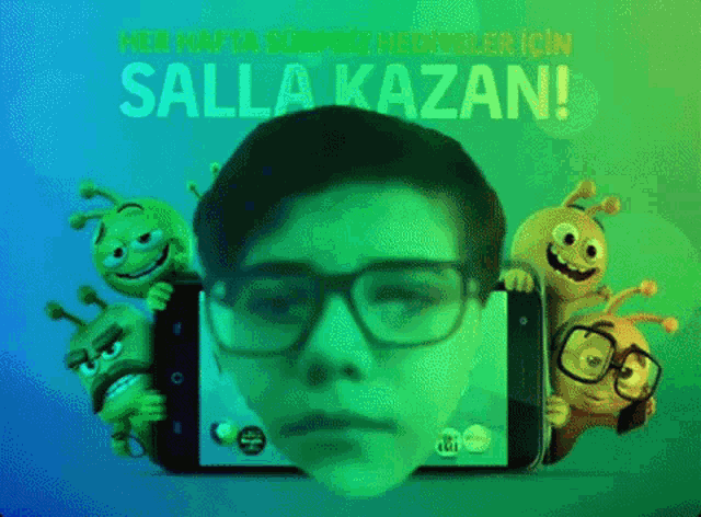 a man with glasses is taking a picture of himself on a cell phone surrounded by cartoon characters
