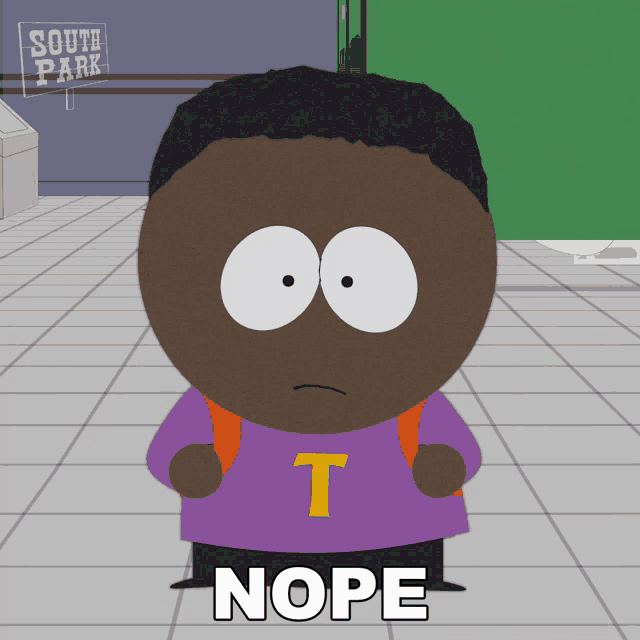 a cartoon character from south park is wearing a purple shirt that says nope
