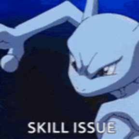 a cartoon character is standing in front of a blue background with the words skill issue written on it .