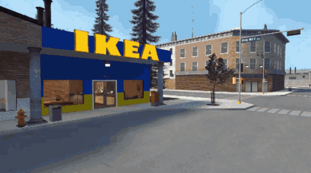 a blue and yellow building with the word ikea on top