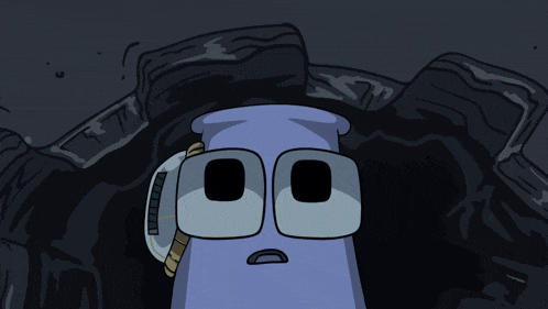 a cartoon drawing of a purple object with glasses and a blue square in its eye