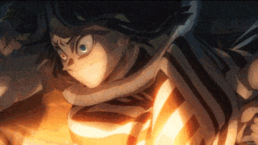 a cartoon character with a snake around his neck is surrounded by flames