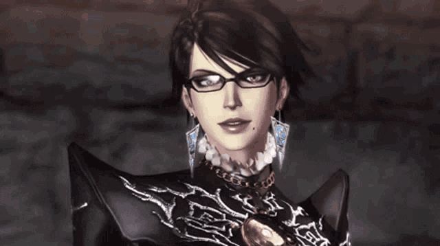 a close up of a woman wearing glasses and a chain around her neck