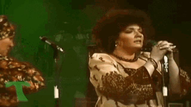 a woman is singing into a microphone on a stage while wearing an afro .