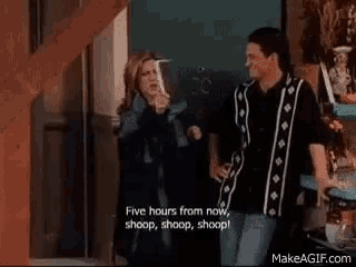 a man and a woman are standing next to each other and the man is saying five hours from now , shoop