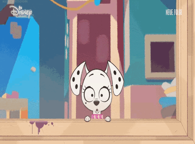a dalmatian looking out of a window with disney channel written on the bottom right