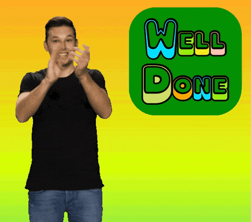 a man applauds in front of an icon that reads well done