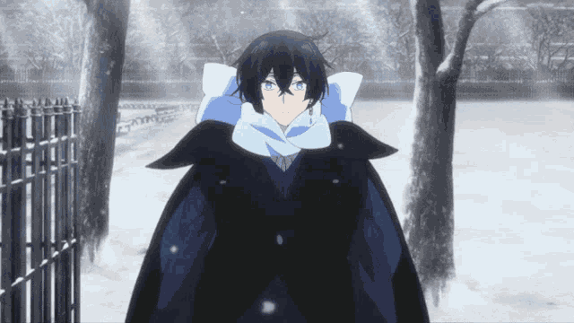 a boy with blue eyes and a scarf around his neck stands in the snow