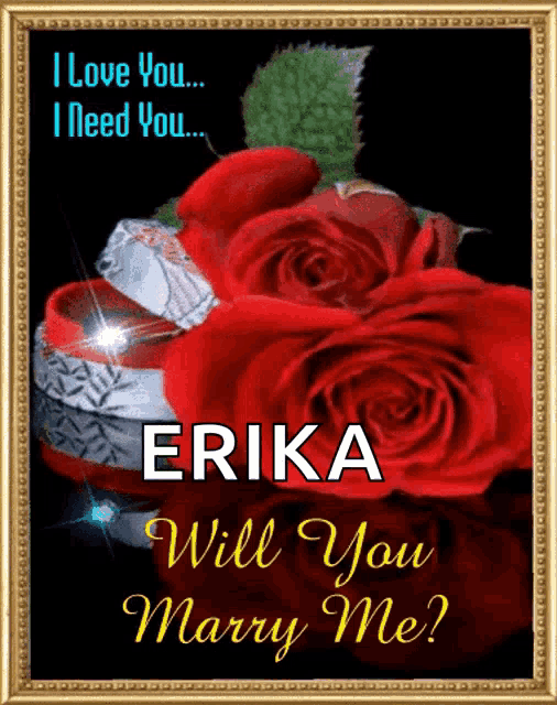 a framed picture of red roses with the name erika on the bottom