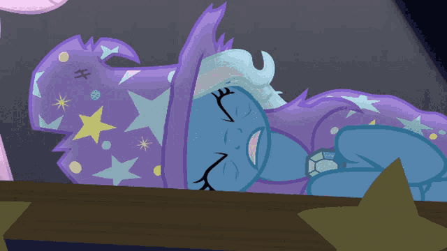 a cartoon drawing of a pony with a purple hat and stars