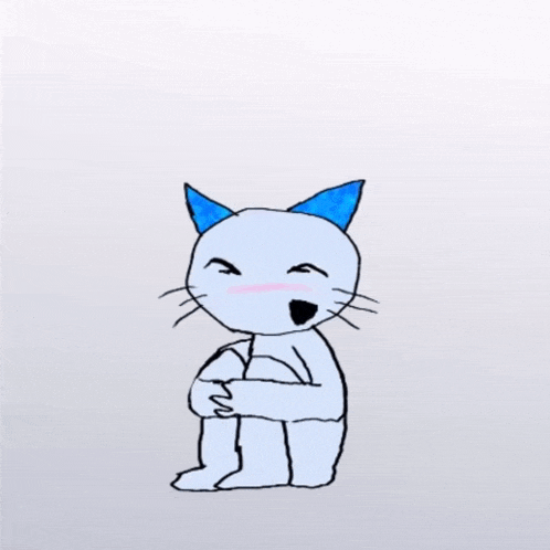a drawing of a cat with blue ears is sitting down